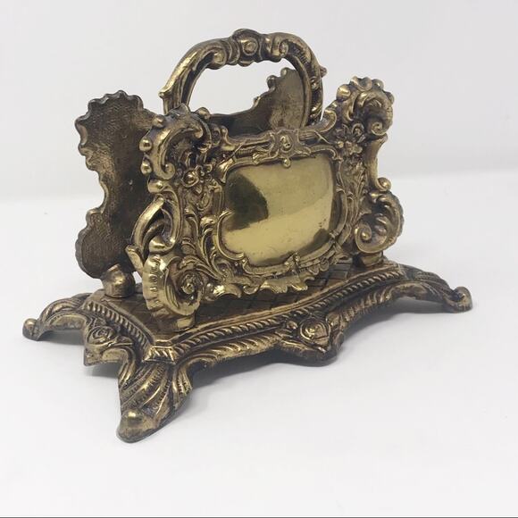 Vintage burnished brass scroll and floral double envelope holder, claw feet - Picture 2 of 8